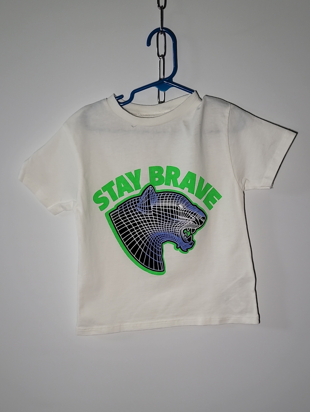 Zara White Tee with Neon Green 'Stay Brave' Panther Graphic